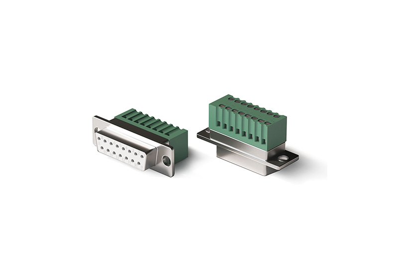 DB15 female connector with green screw terminals, front and rear views