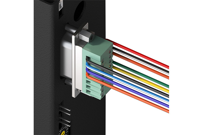 Close-up of the green DB15 screw terminal block