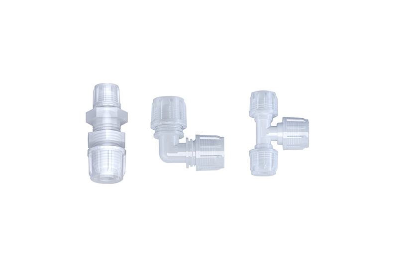 PFA straight, elbow and tee fitting configurations