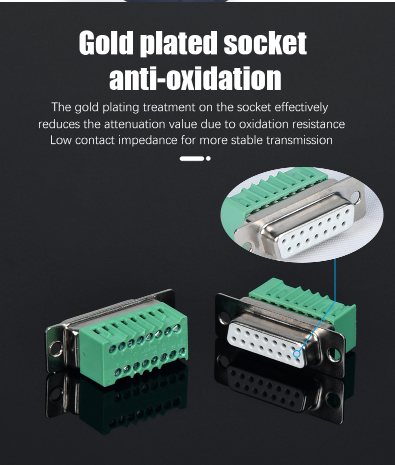 Gold-plated female contacts on the DB15 screw terminal connector Gold-plated female contacts on the DB15 screw terminal connector