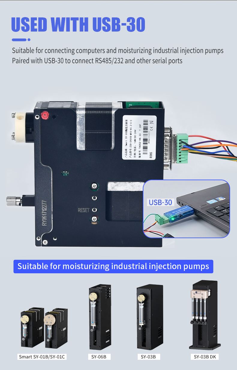 Example of a RUNZE syringe pump connected to a computer through a USB-30 interface device Example of a RUNZE syringe pump connected to a computer through a USB-30 interface device