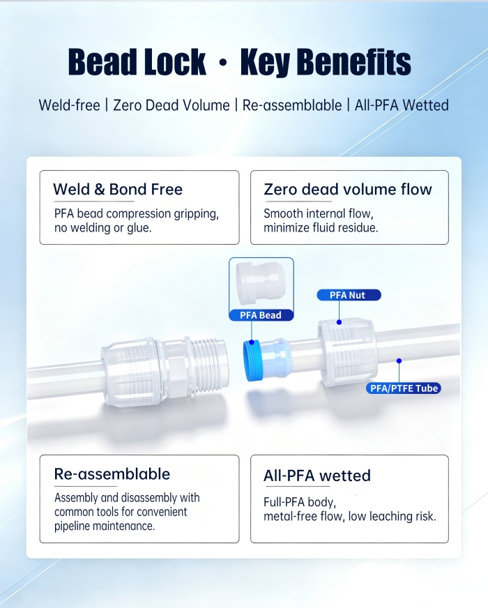 PFA bead-lock connection showing the fitting body, nut, bead and tube
