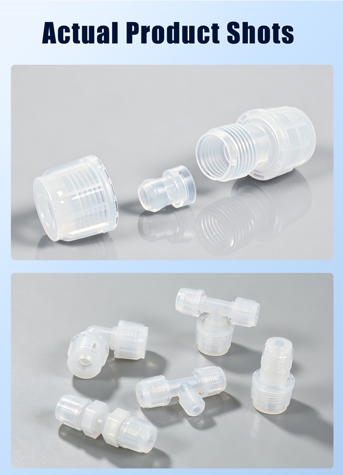 PFA bead-lock body, nut and bead with fitting range close-up photographs