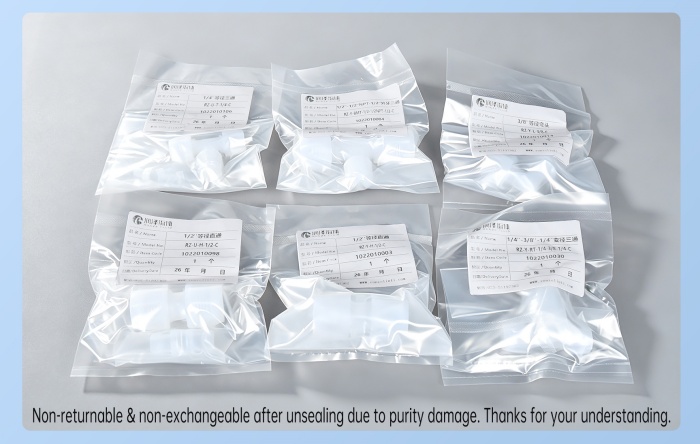 Individual bag packaging and model labels for the RUNZE PFA fitting range