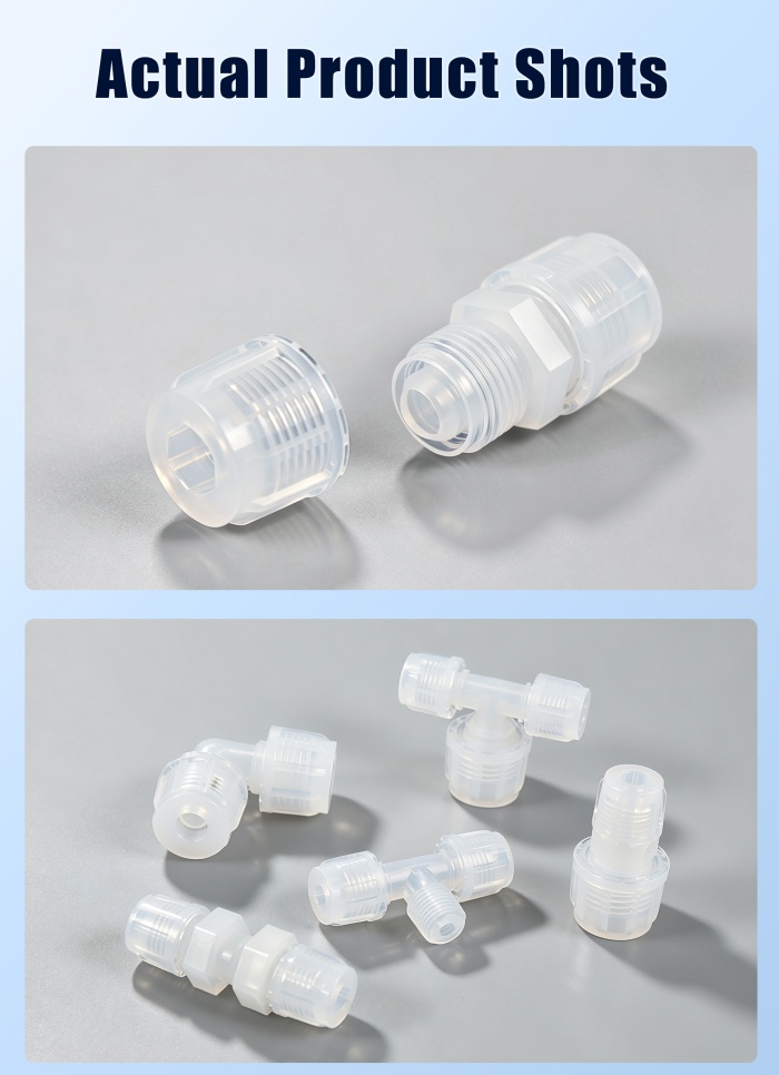 PFA flare fitting body and nut with fitting range close-up photographs PFA flare fitting body and nut with fitting range close-up photographs