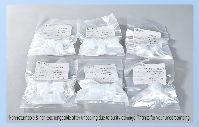 Individual bag packaging and model labels for the RUNZE PFA fitting range Individual bag packaging and model labels for the RUNZE PFA fitting range